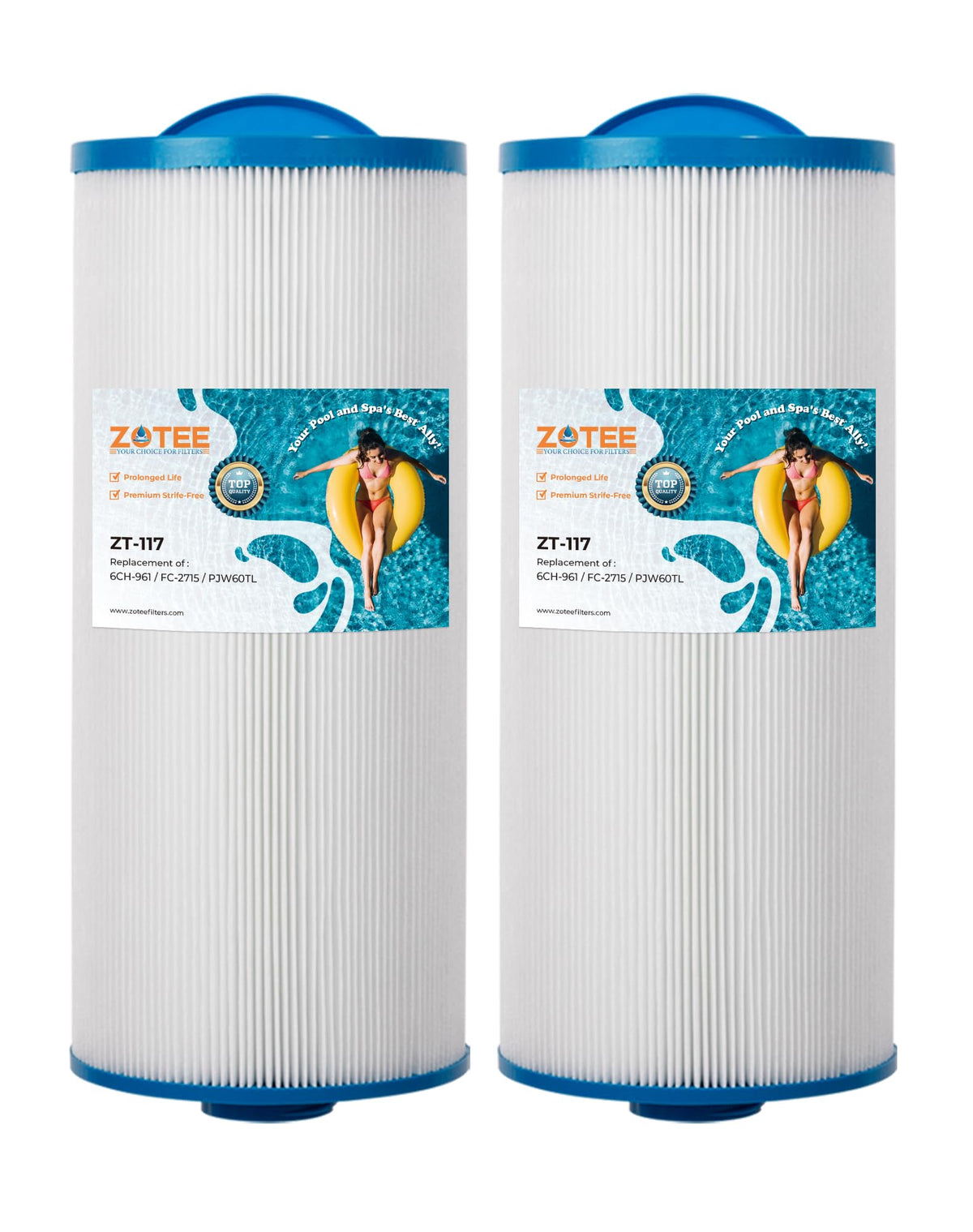 ZOTEE filter front view showing pleated cartridge and open slotted top for improved flow