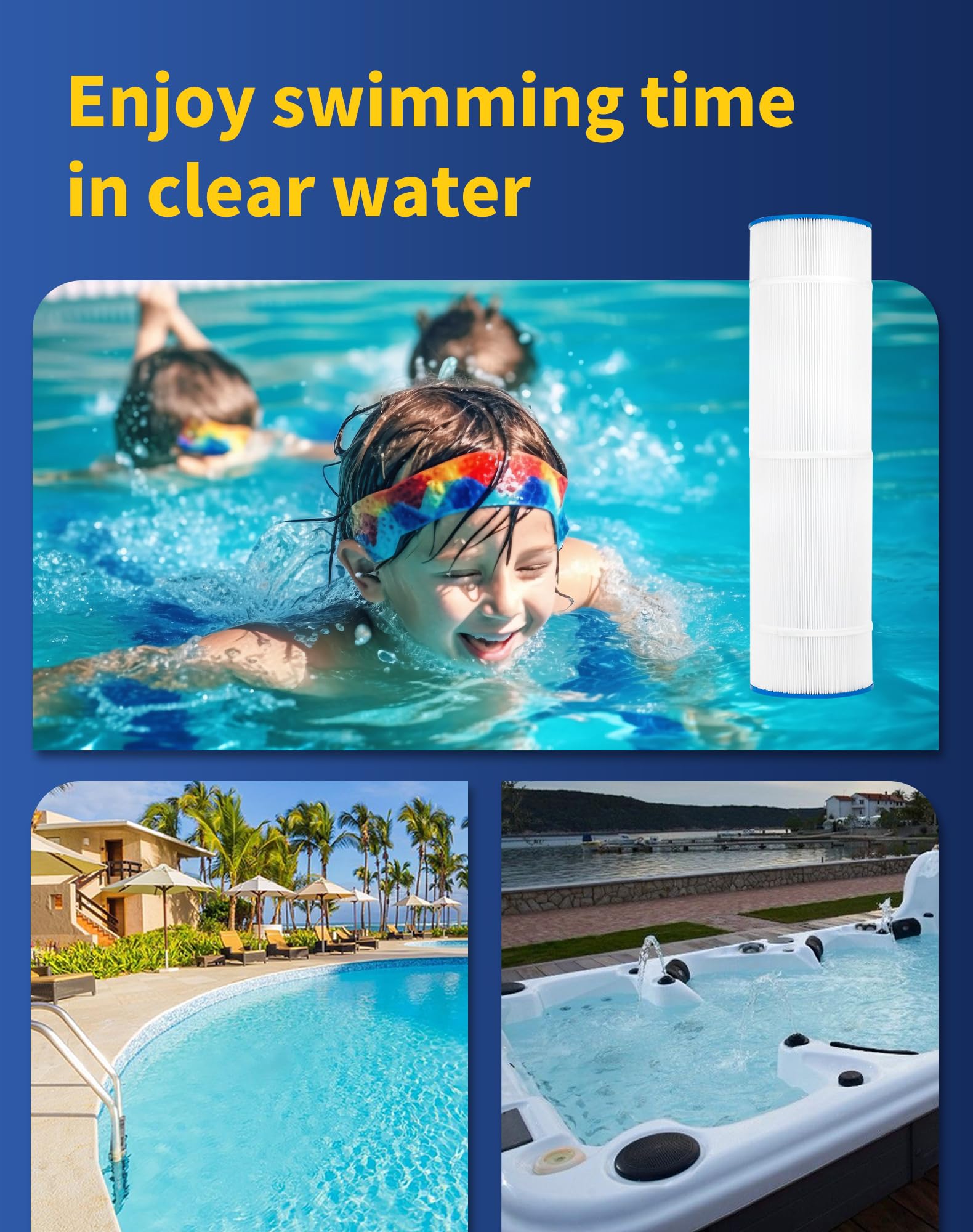 ZOTEE cartridges beside backyard pool illustrating cleaner water performance