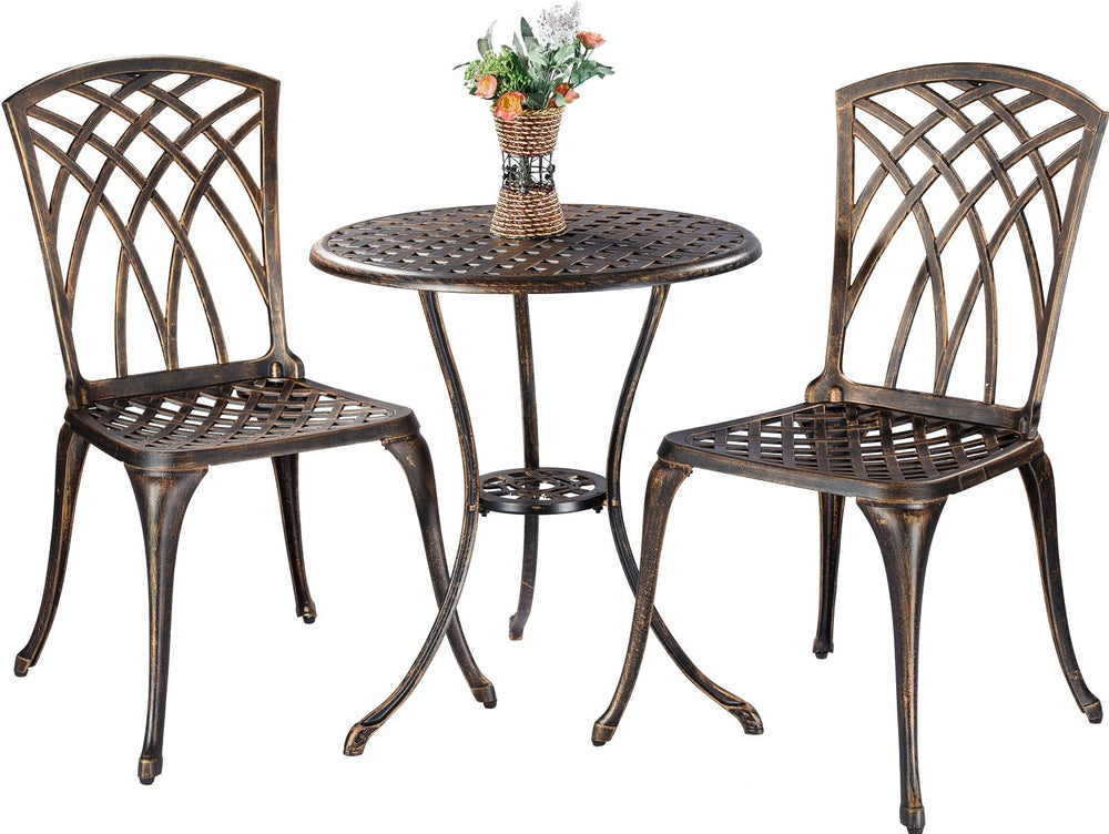 ZOTORUN front view of bronze bistro set shows compact arrangement and curb appeal