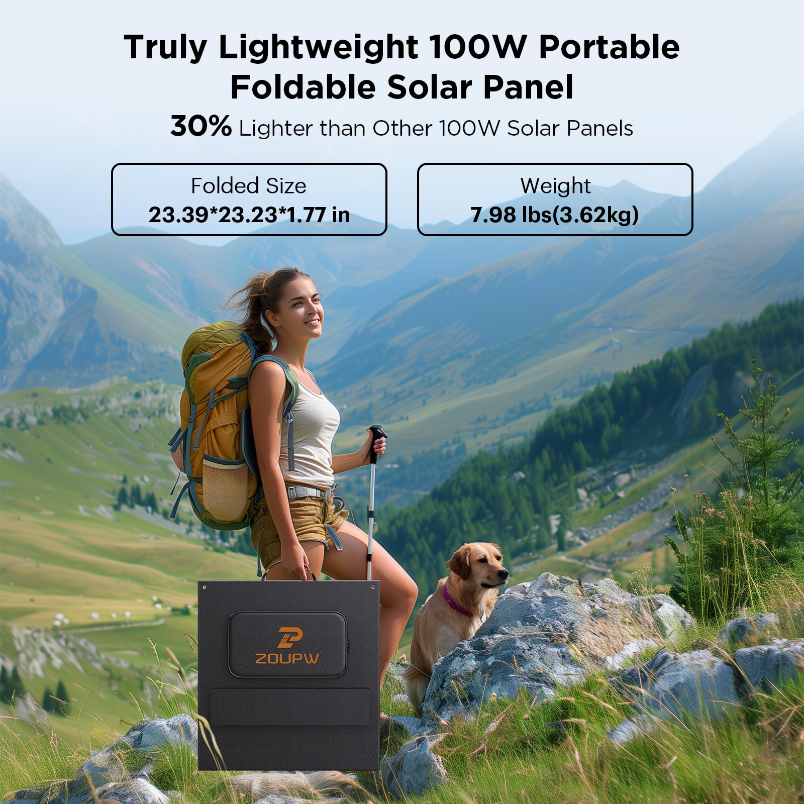ZOUPW open panel top-down view demonstrating full sun-facing surface for faster charging