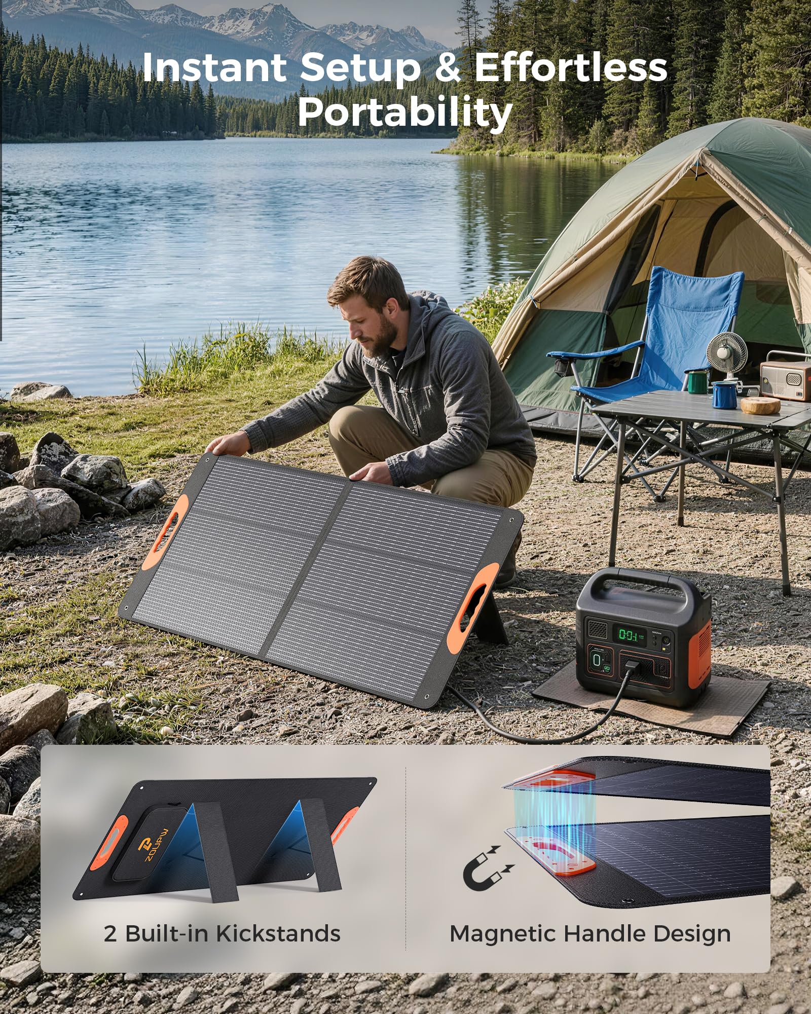ZOUPW panel next to backpack showing compact folded size and portability