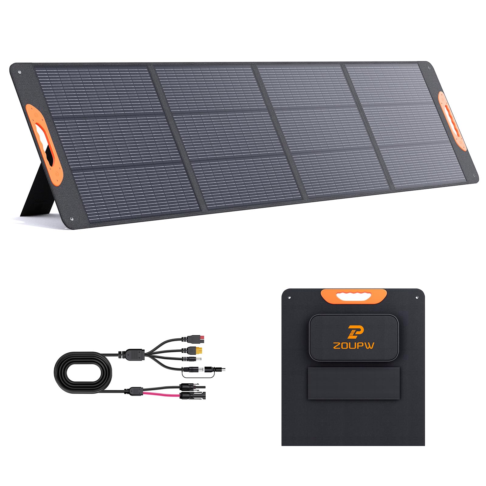 ZOUPW front view of folded 220W solar panel showing compact portability and quick setup