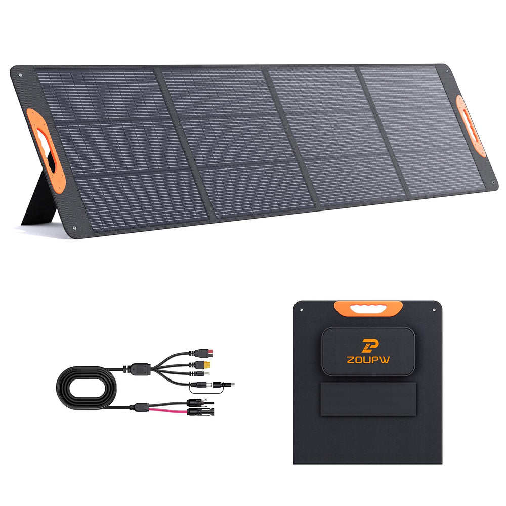 ZOUPW front view of folded 220W solar panel showing compact portability and quick setup