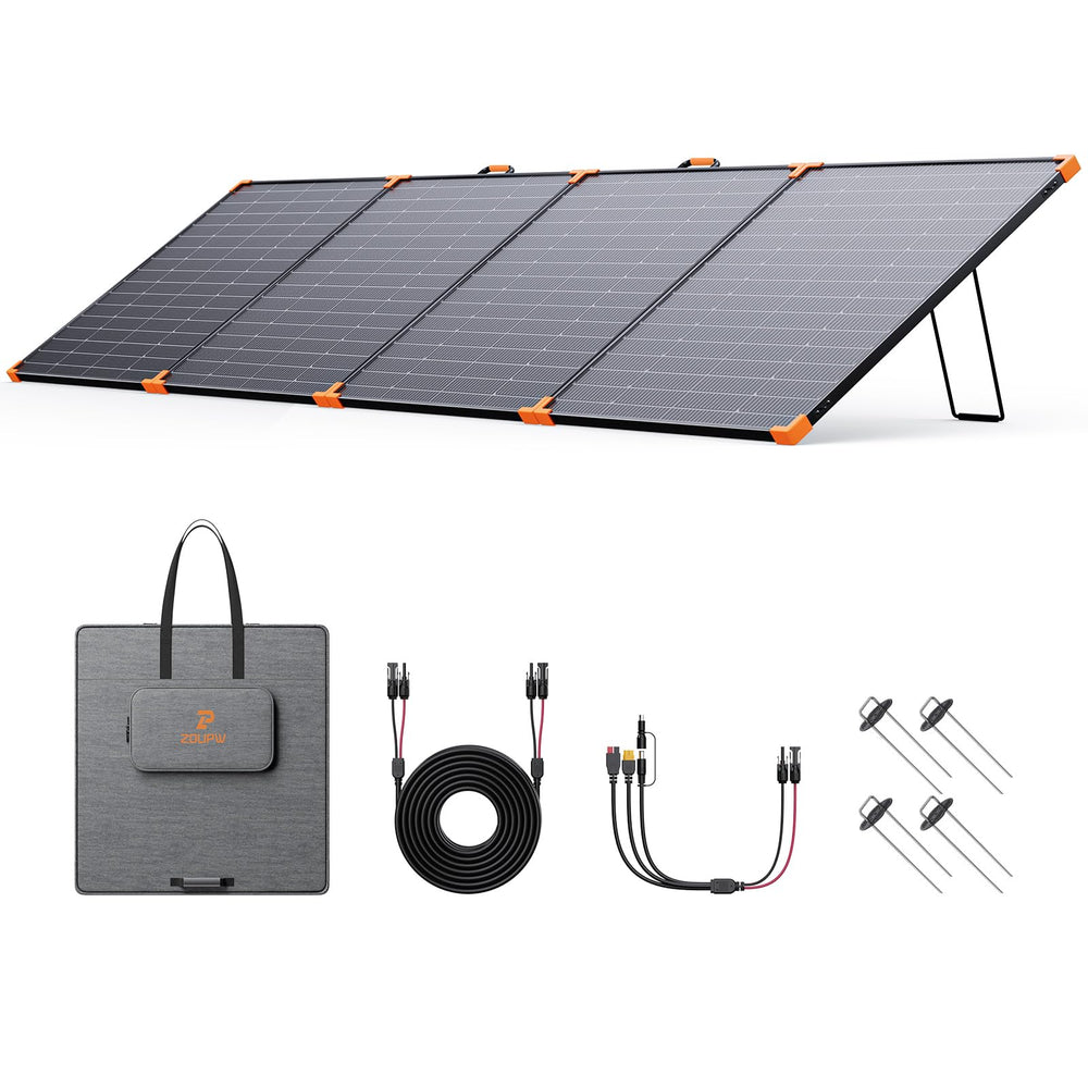 ZOUPW 450W panel front view showing compact foldable design and frame for easy transport