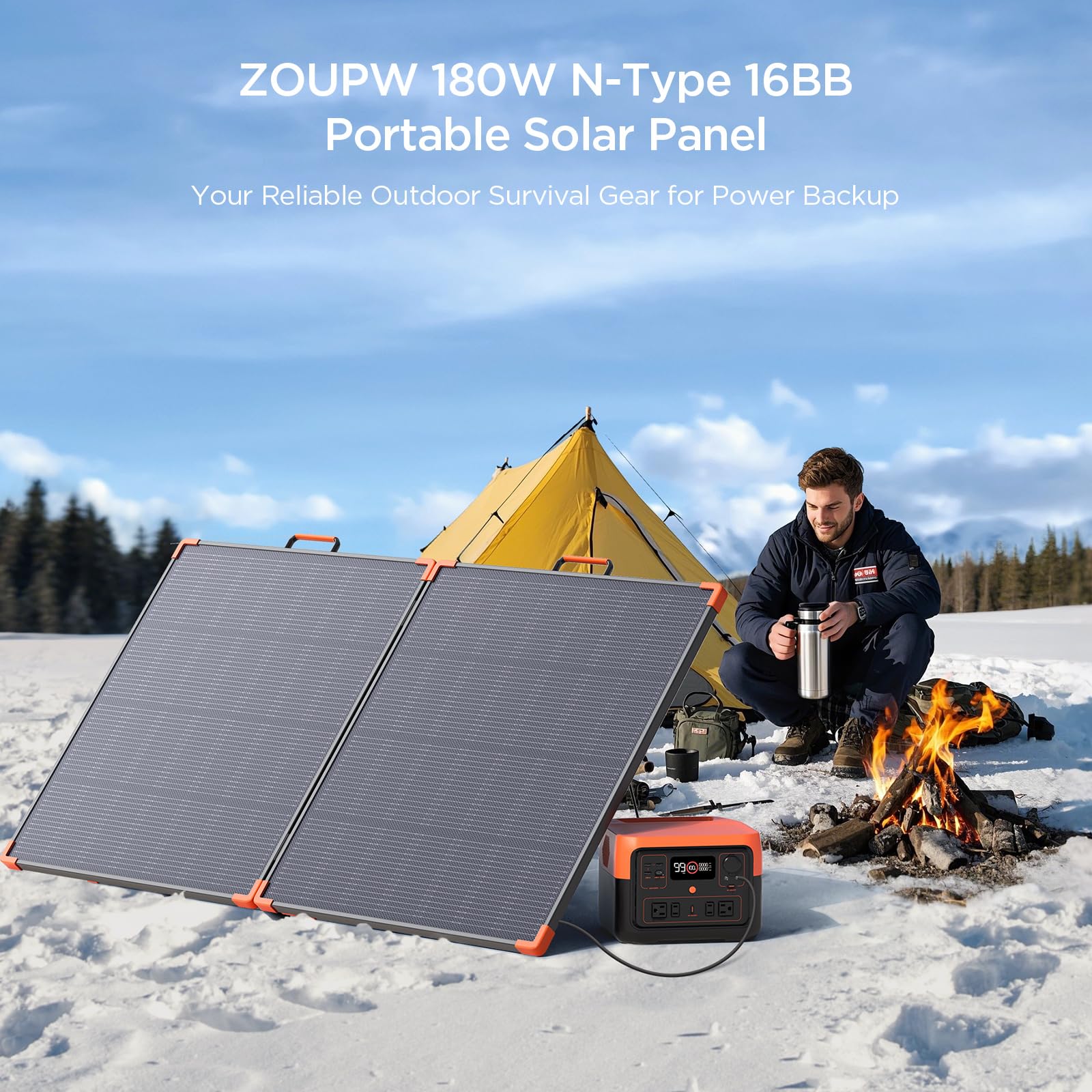 ZOUPW panel charging a power station at a campsite for off-grid power