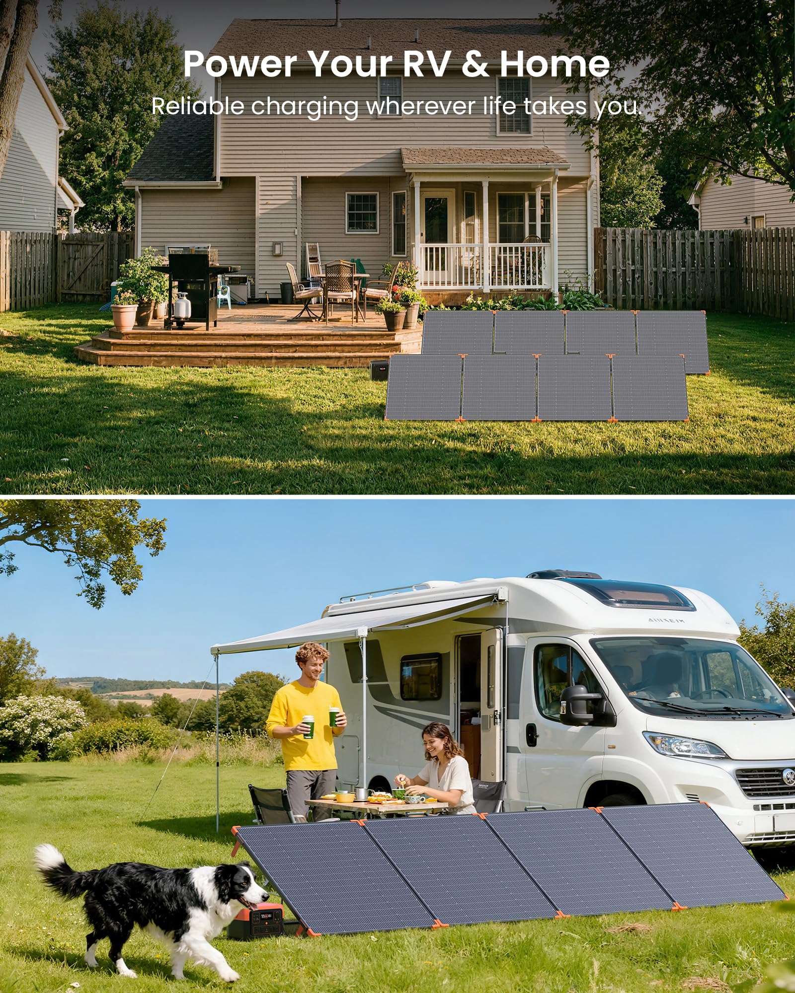 ZOUPW panel charging a power station on an RV rooftop in a boondocking scene