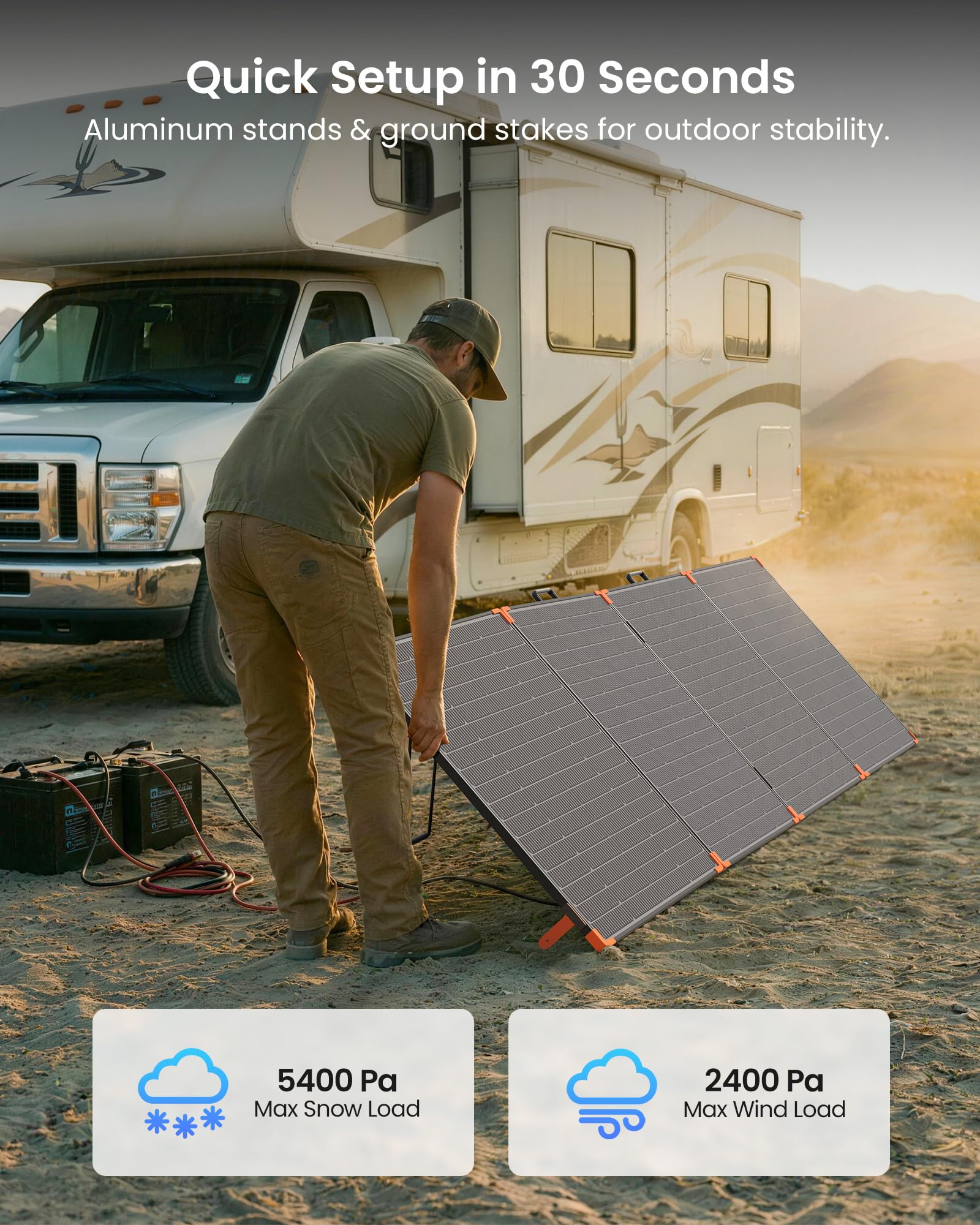 ZOUPW panel next to backpack showing lightweight 29.5 lb portability for solo setup