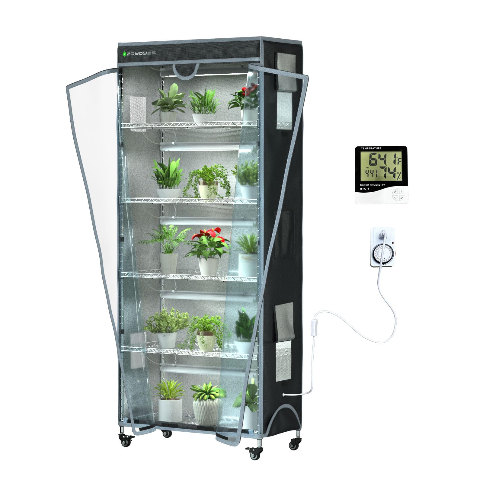 ZOYOYES front view of assembled greenhouse showing compact six tiers and cover benefit