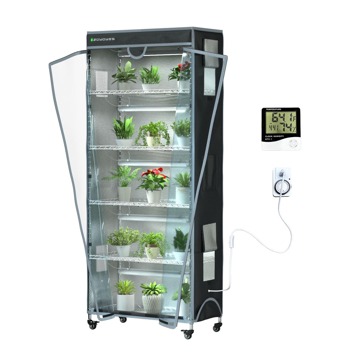 ZOYOYES front view of assembled greenhouse showing compact six tiers and cover benefit
