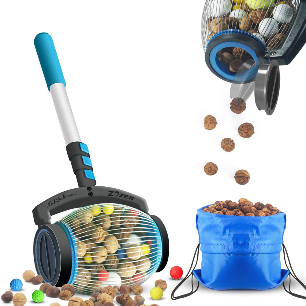zozen front view acorn picker showing one-gallon basket and benefits of quick collection
