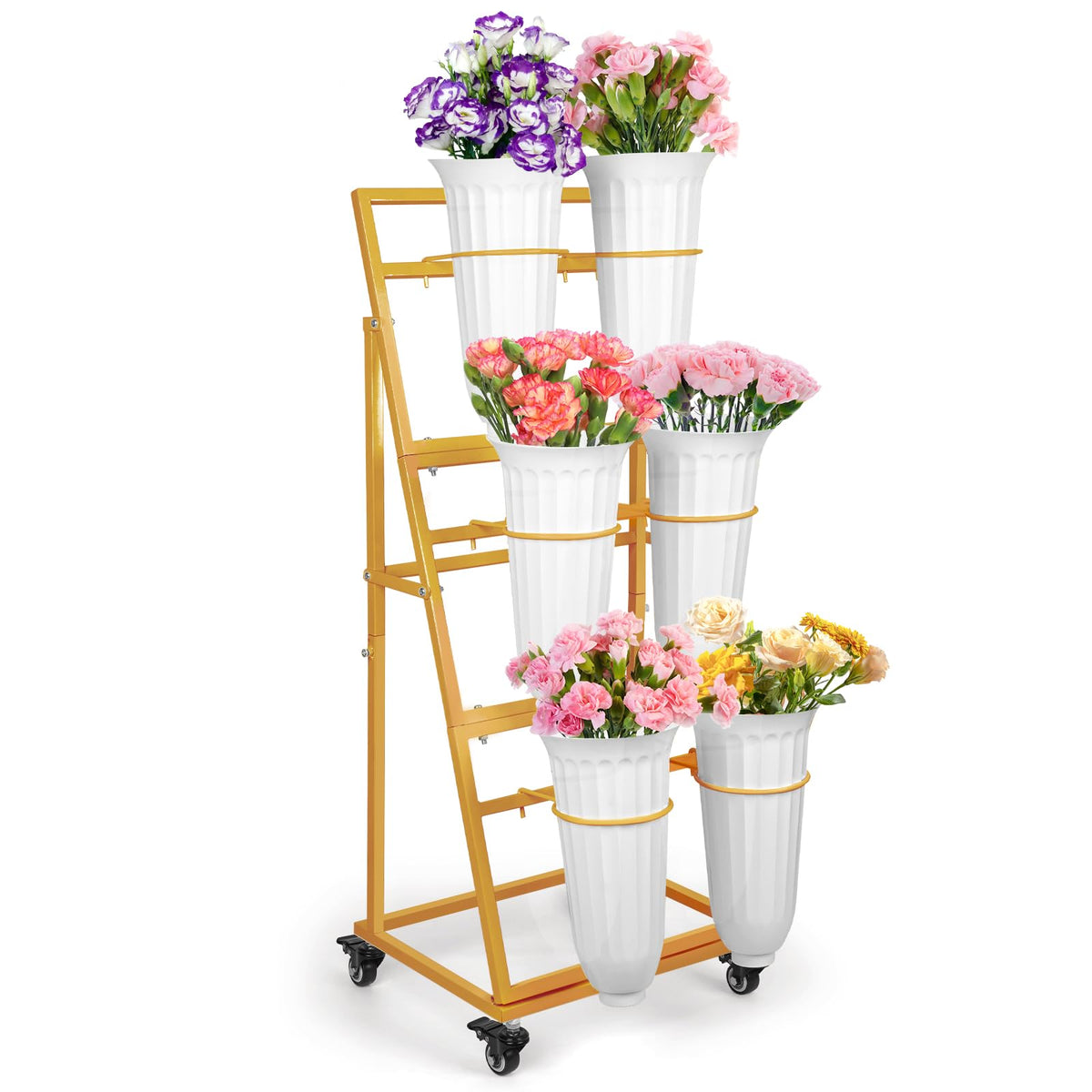 ZpigToor front view of gold flower stand showing tiered display and elegance
