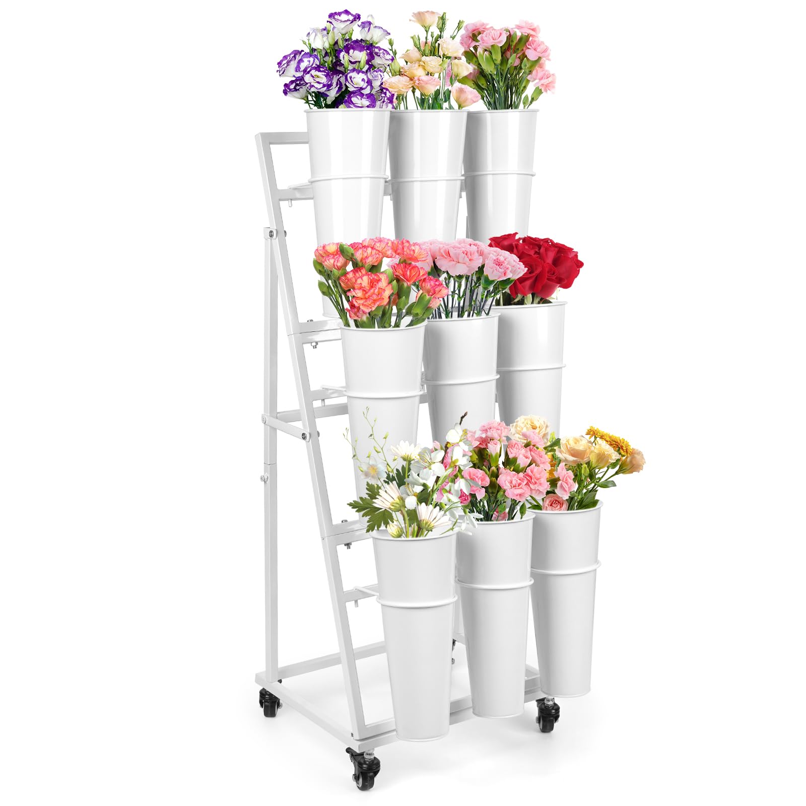 ZpigToor front view of white 3-tier stand showcasing nine bouquets for clear presentation