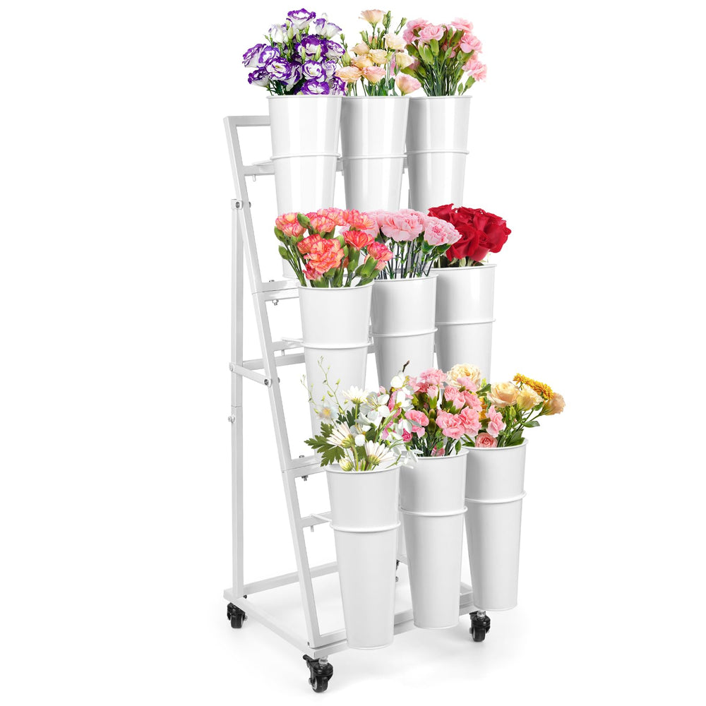 ZpigToor front view of white 3-tier stand showcasing nine bouquets for clear presentation