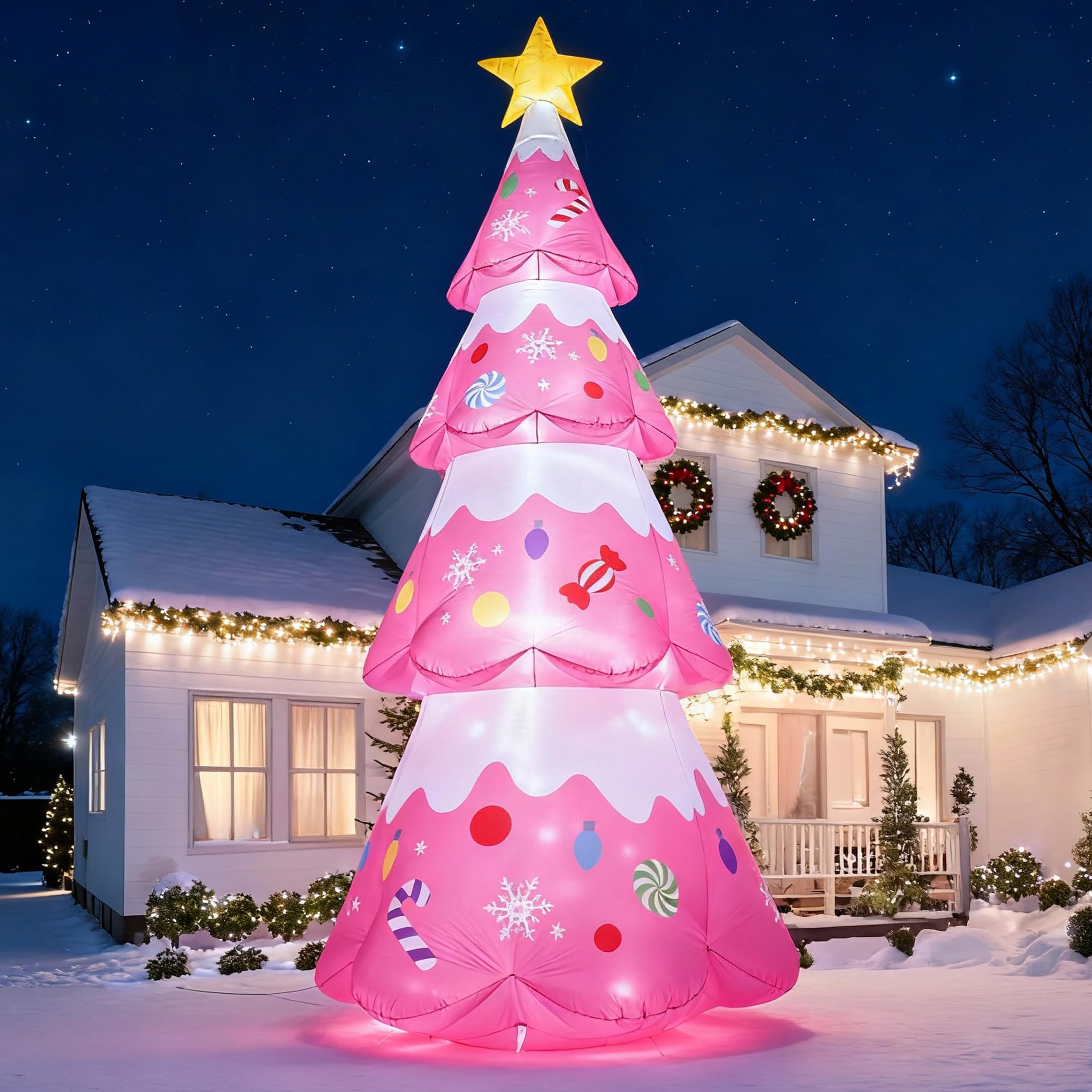 ZPISF front view of pink inflatable tree bright holiday focal point
