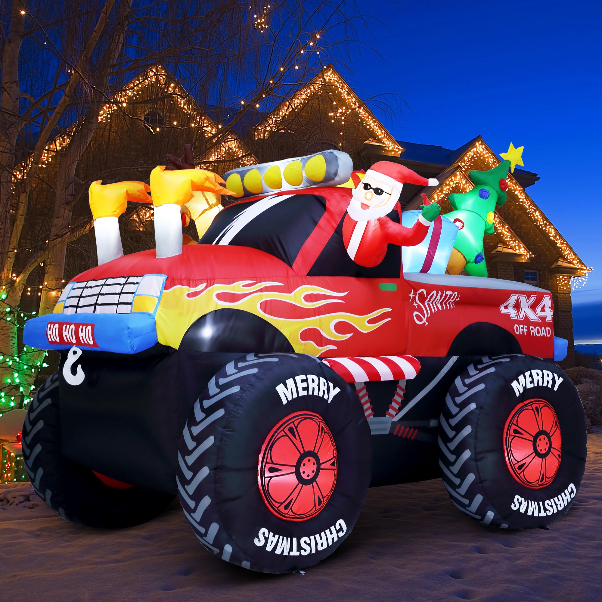 ZPISF front view of Santa monster truck inflatable showing festive curb appeal