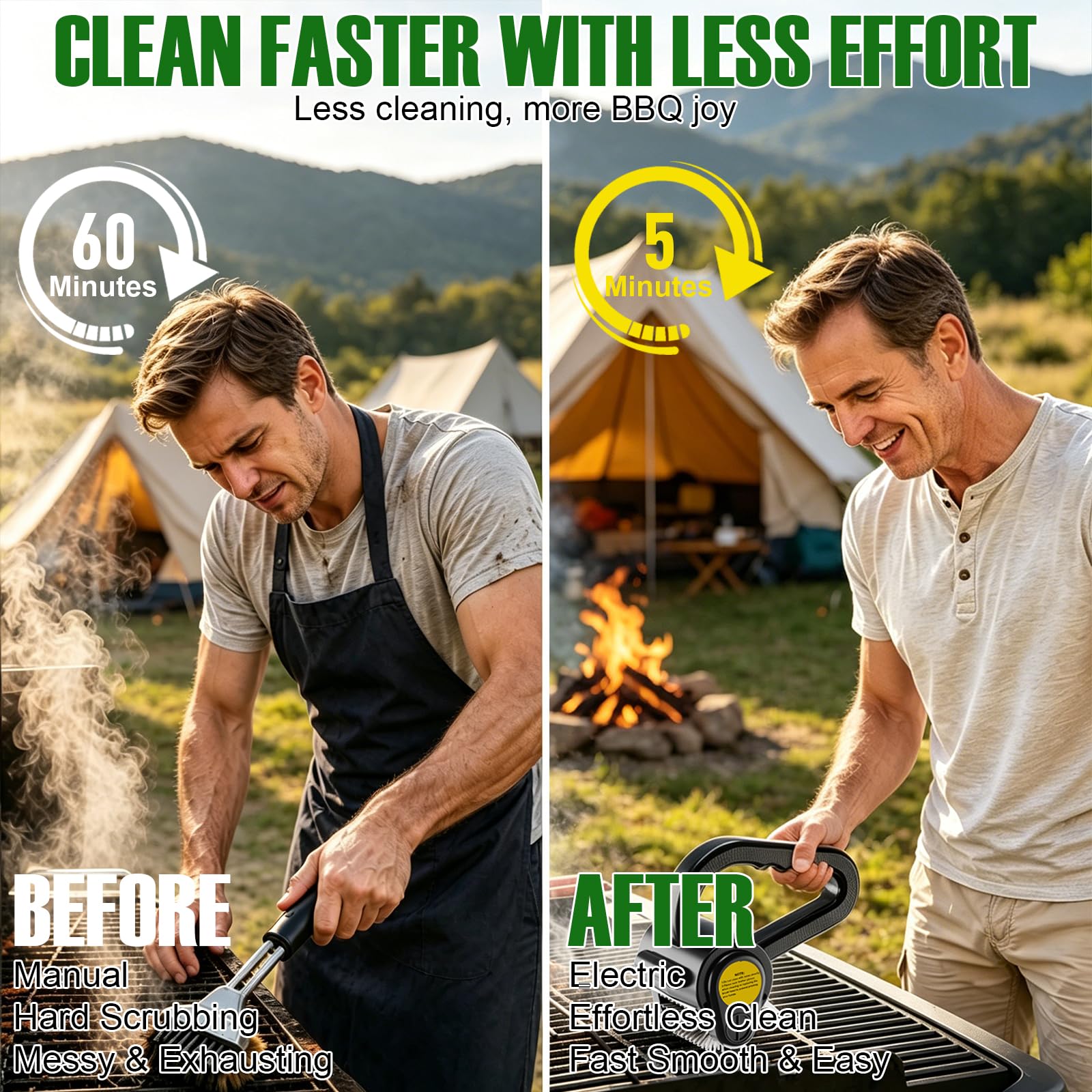 ZRYBOMY brush cleaning a charcoal grill showing fast grease removal