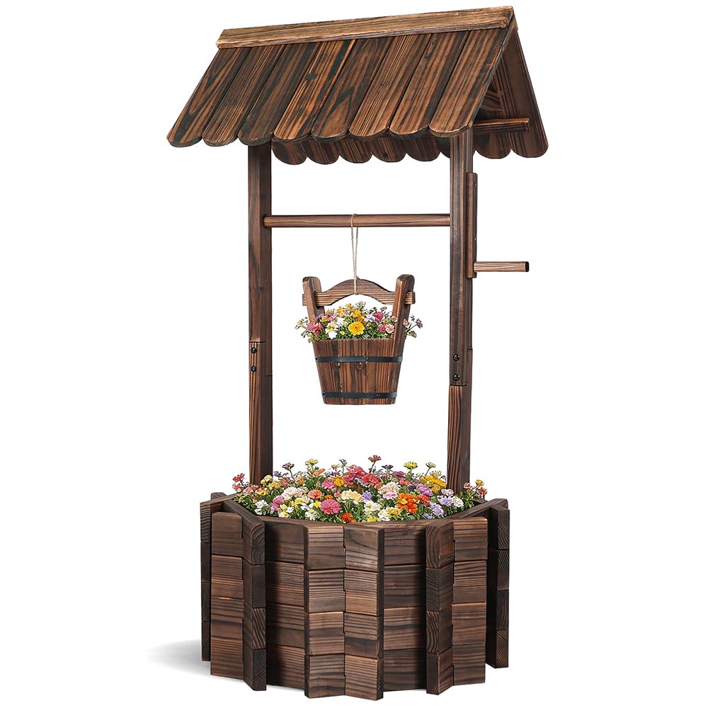 ZSYWODFO front view of wishing well planter showing rustic charm and curb appeal