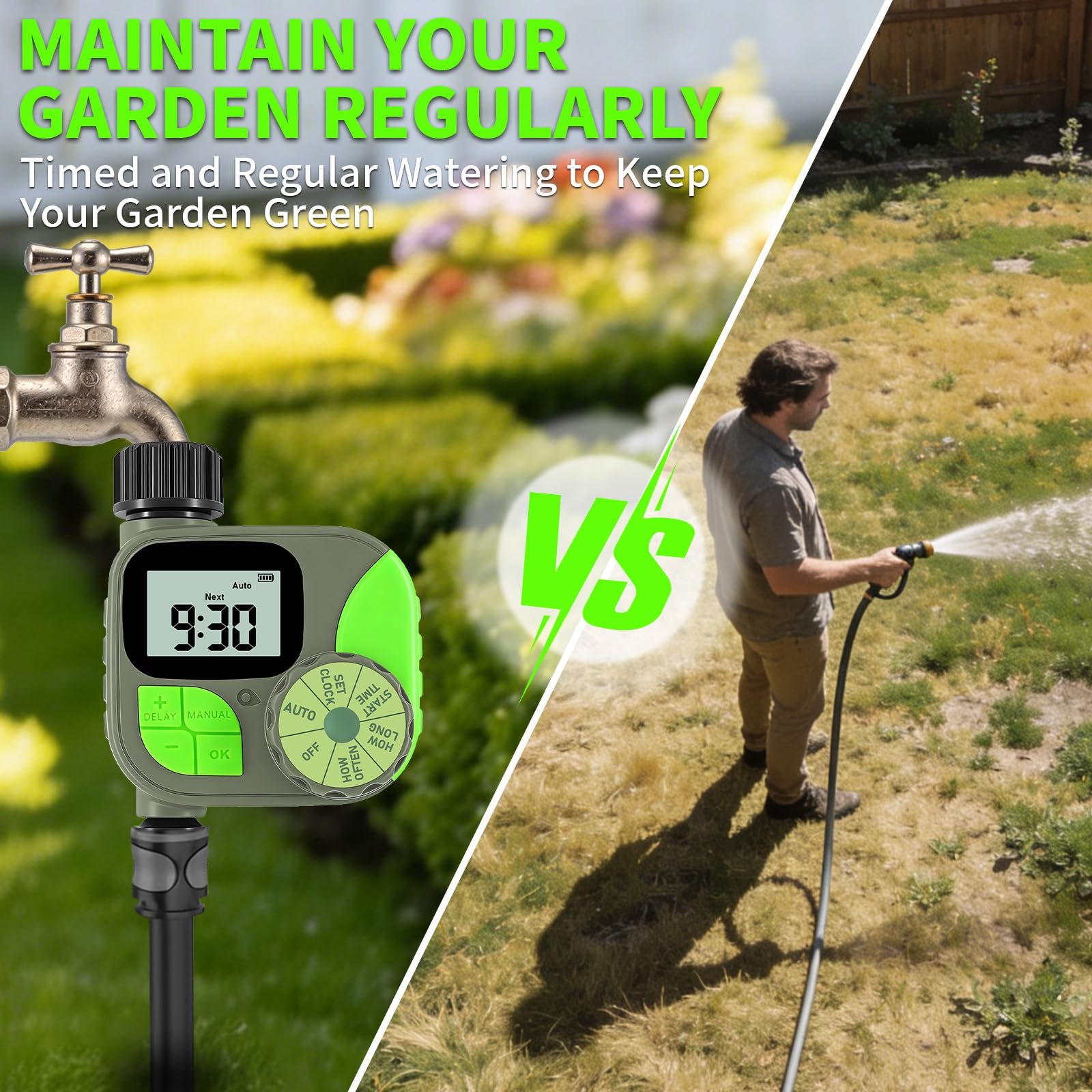 ZTGHFMY attached to an outdoor faucet controlling a garden hose for automated watering