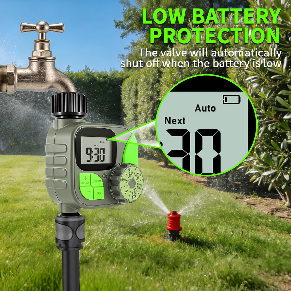 ZTGHFMY timer in a backyard irrigation scene illustrating convenience and hands-free watering