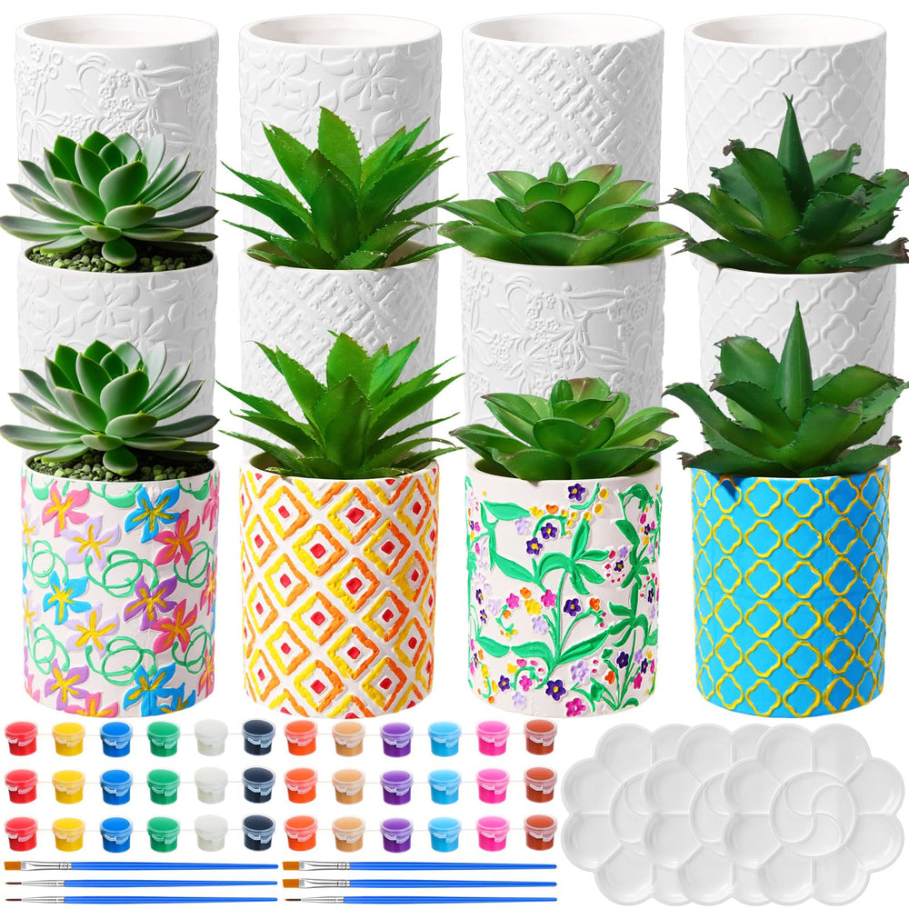 Zubebe front view of 12-pack ceramic pots showing glossy finish and embossed patterns, convenient bulk supply