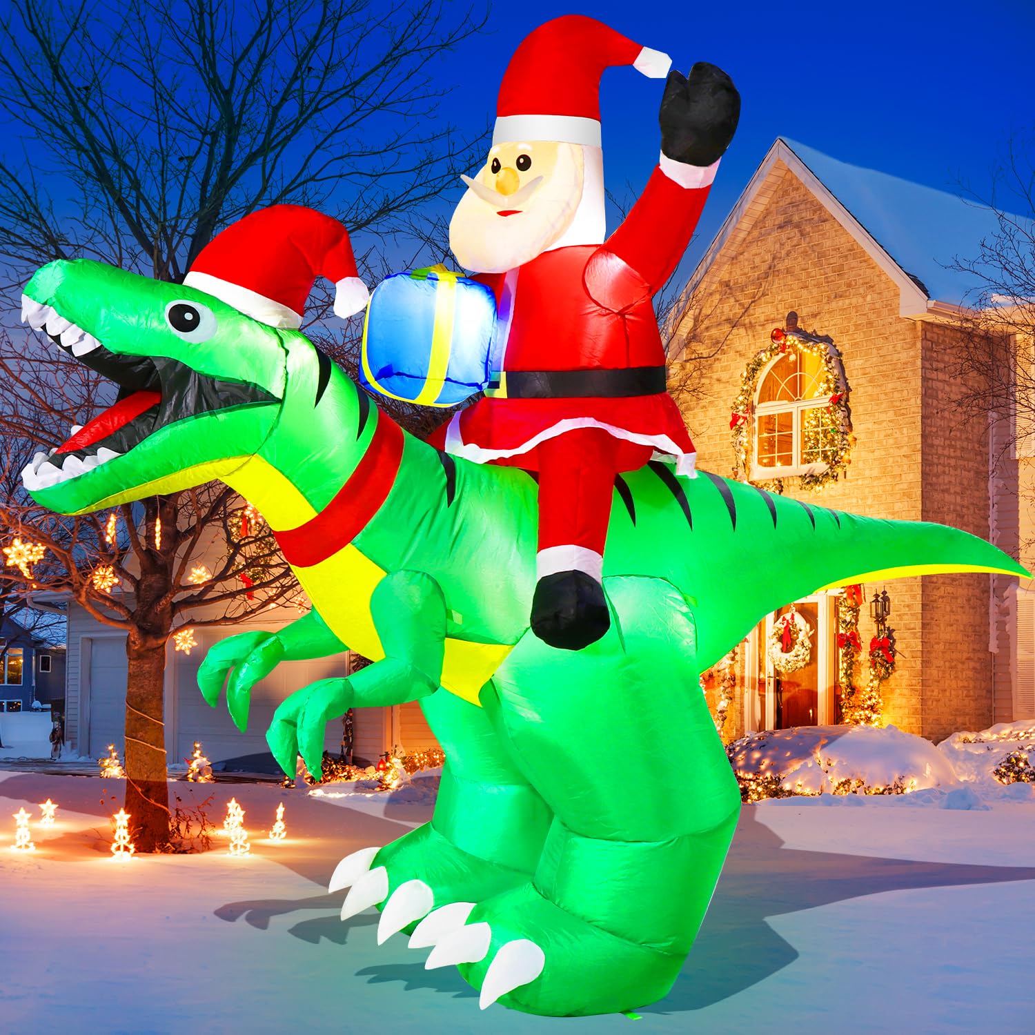 zukakii front view of Santa riding dinosaur highlights festive curb appeal