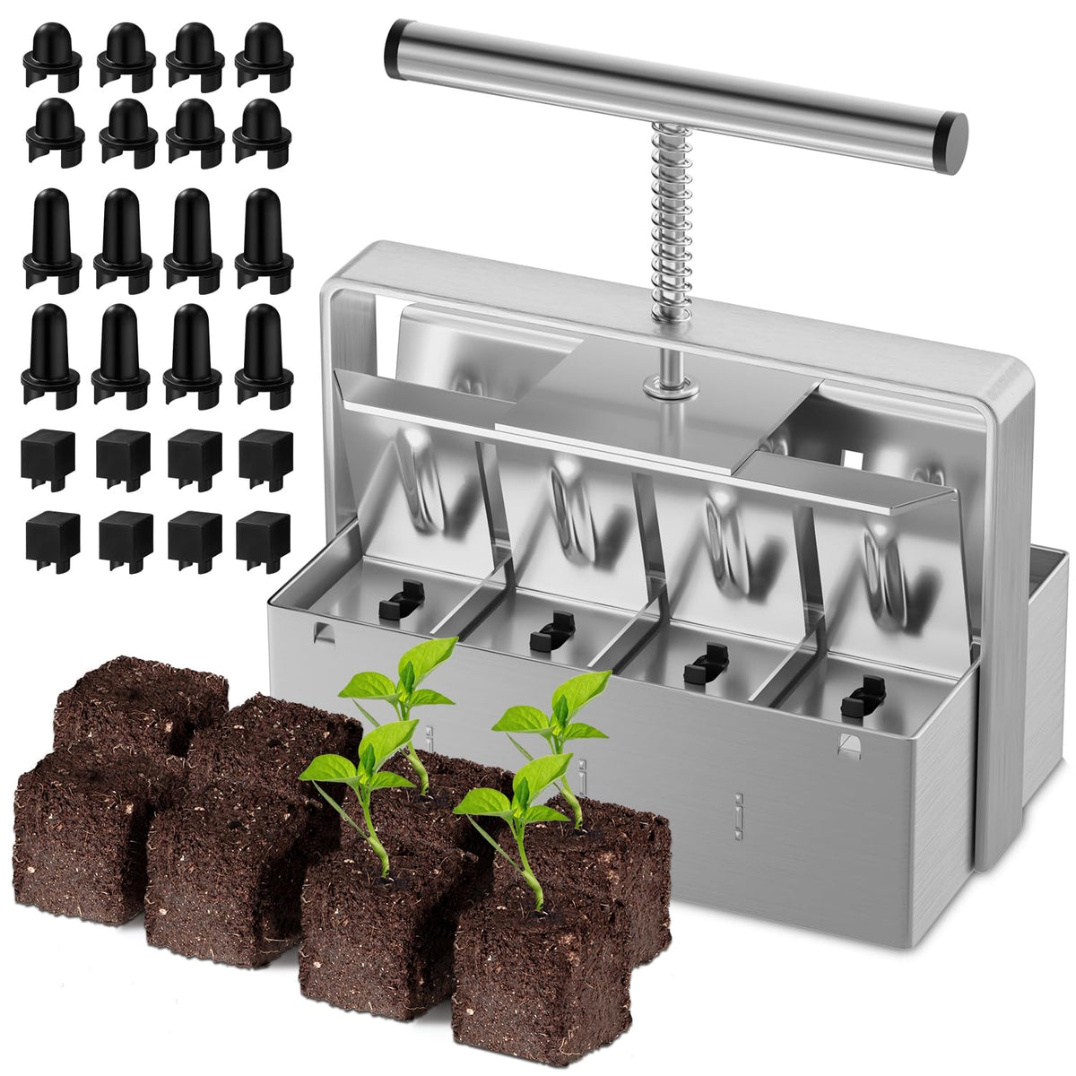 zukakii front view of soil blocker showing sturdy frame and cells for efficient blocking