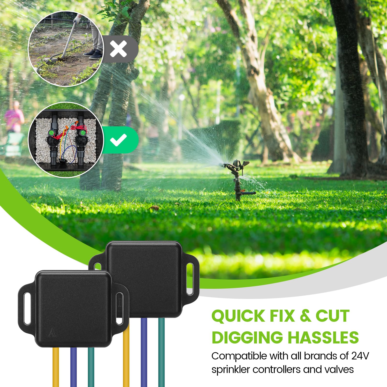 Zuomeng in backyard sprinkler setup saving landscape from trenching