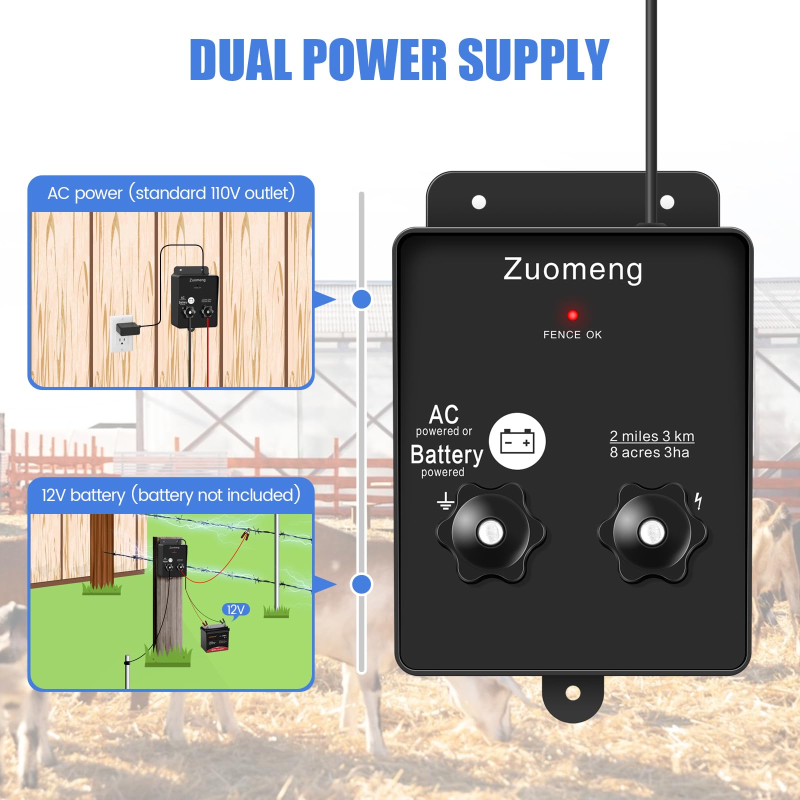 Zuomeng with 12V battery connection illustrating portable power option