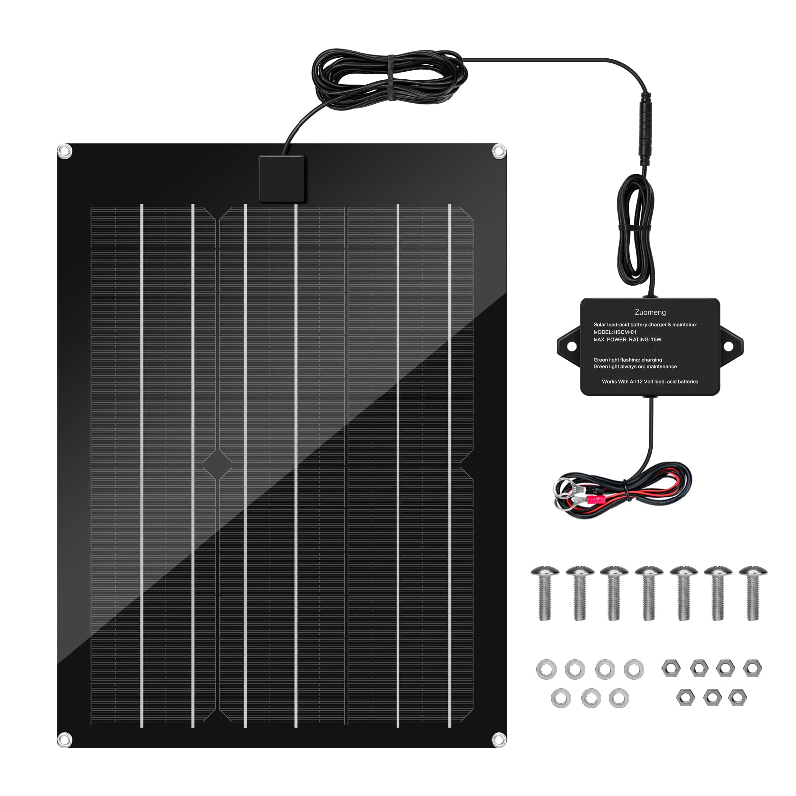 Zuomeng front panel overview showing compact waterproof solar maintainer benefit