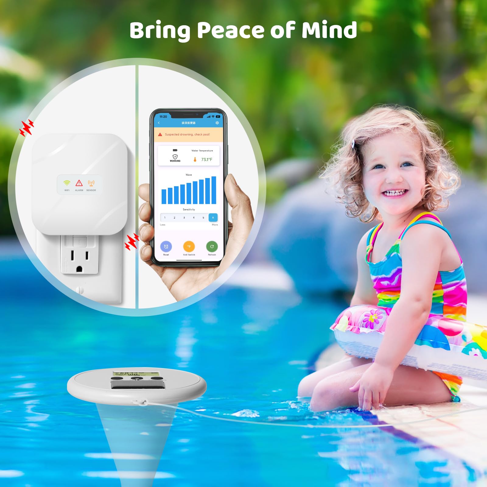 Zuomeng installed at backyard pool edge with family nearby highlighting extra safety benefit for kids and pets