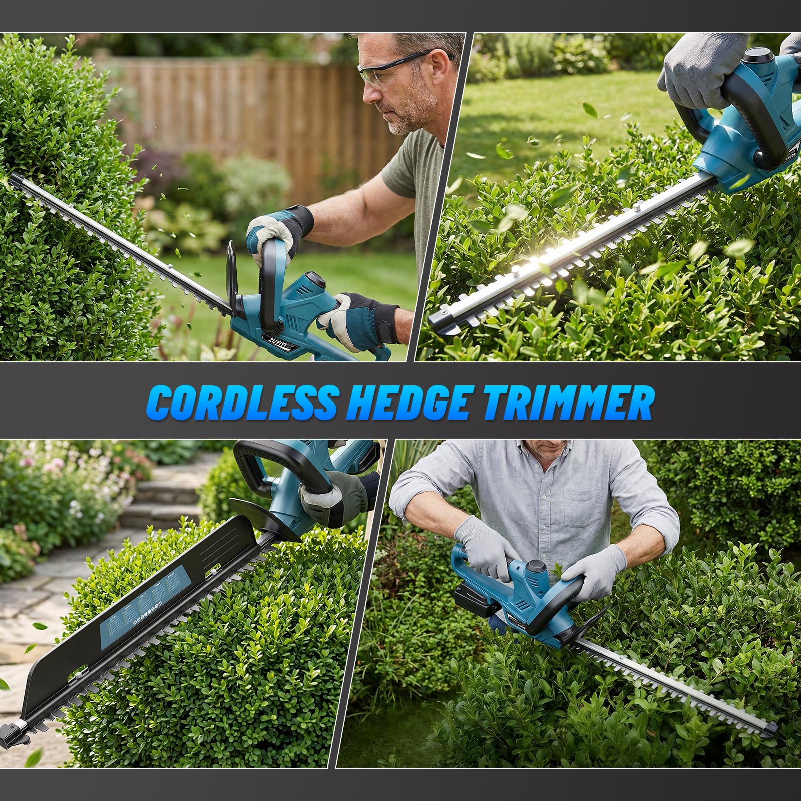 ZUYIYI in a garden trimming hedge illustrating cordless mobility and tidy results