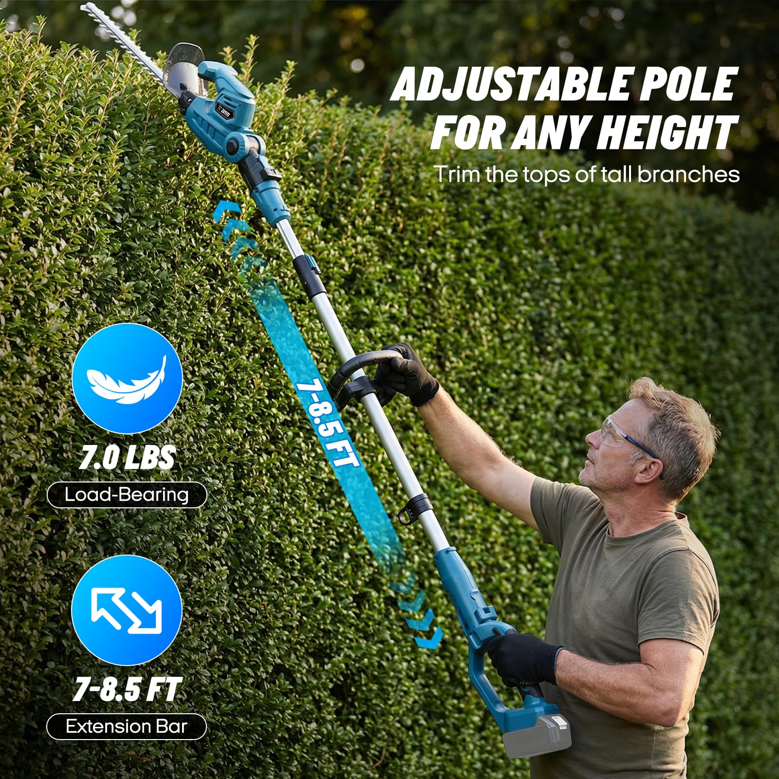 ZUYIYI adjustable head at 150° showing versatile angle access for hedge tops