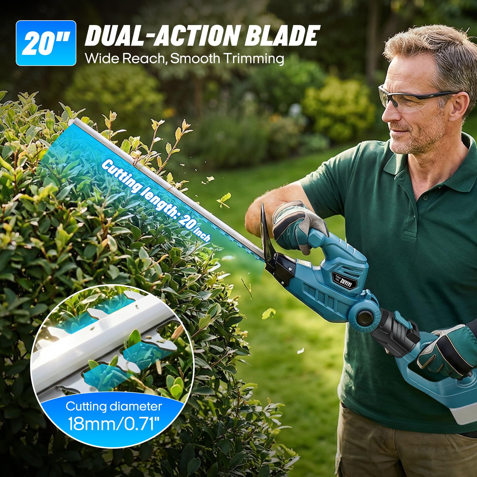 ZUYIYI close-up of 20-inch hardened steel blade delivering precise low-vibration cuts