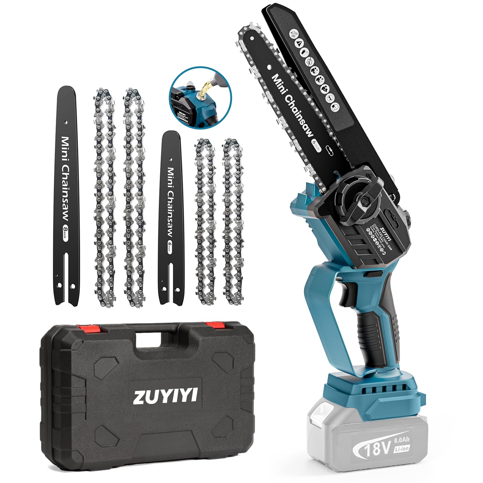 ZUYIYI front view of 6" and 8" mini chainsaw showing compact design and portability