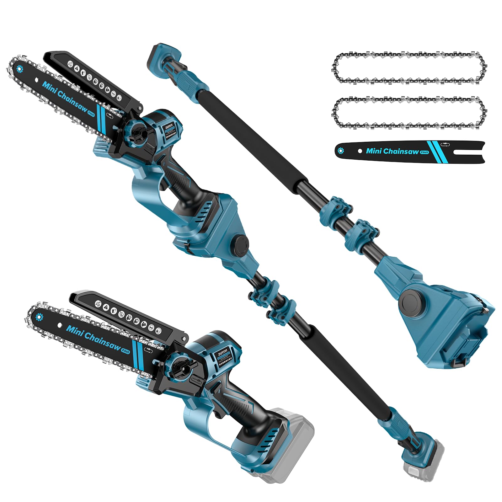 ZUYIYI front view showing complete pole saw and 8" bar, demonstrating compact portability