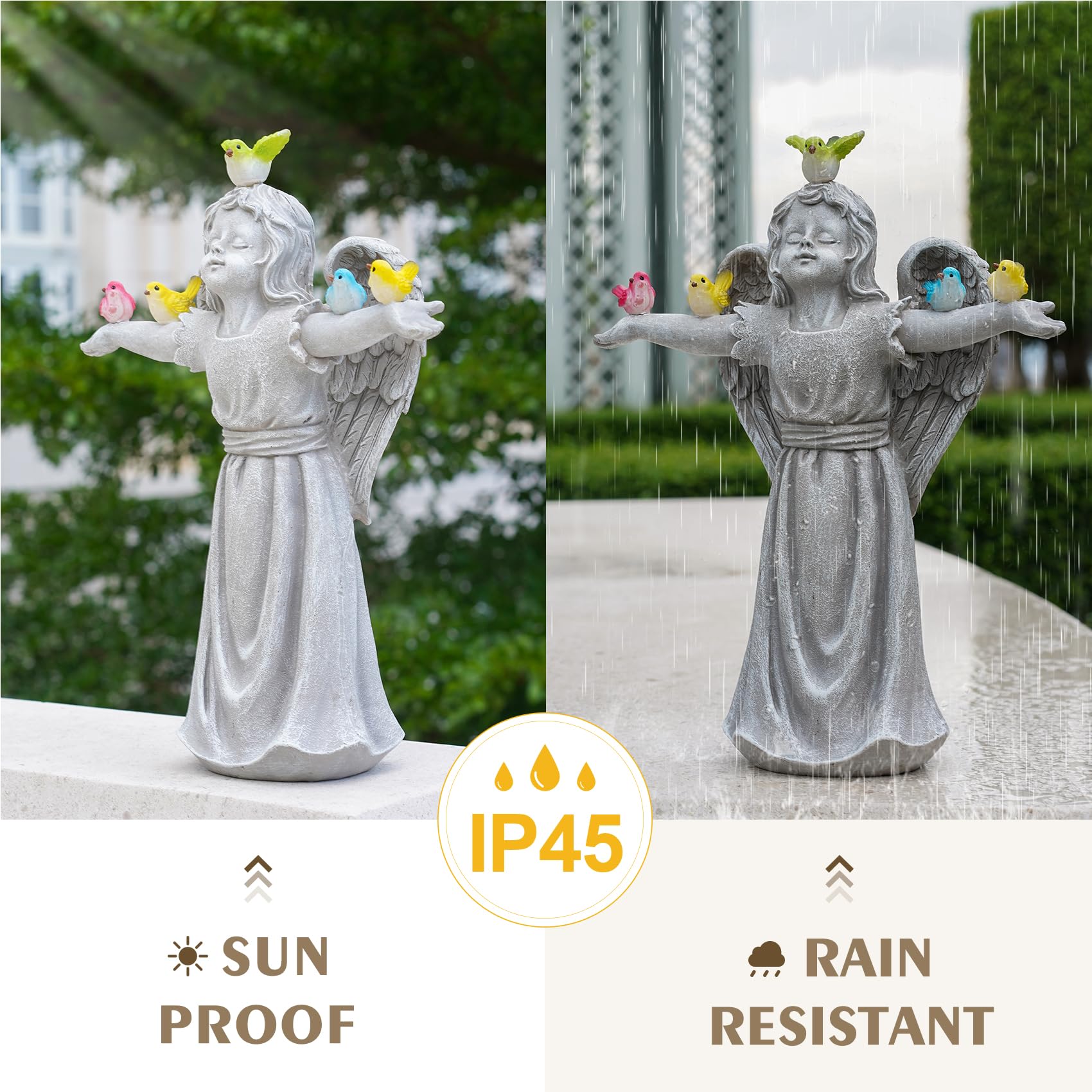 zuzuzen angel statue placed in flowerbed, adds color and focal interest
