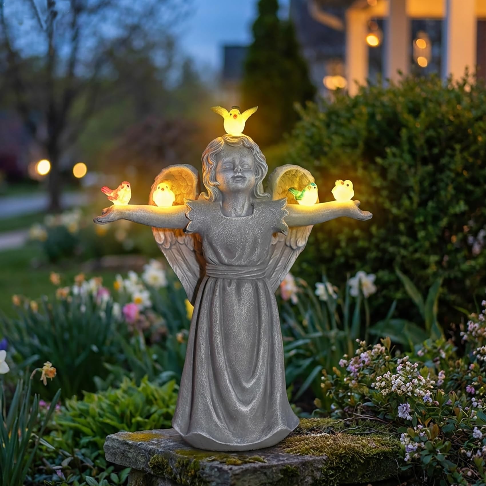 zuzuzen angel statue front view showing cherub and birds, enhances garden charm
