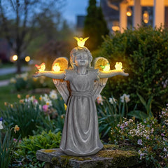 zuzuzen angel statue front view showing cherub and birds, enhances garden charm