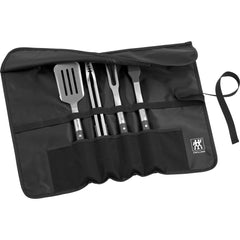 ZWILLING BBQ+ front view showing full five-piece set and wrap, durable organization benefit