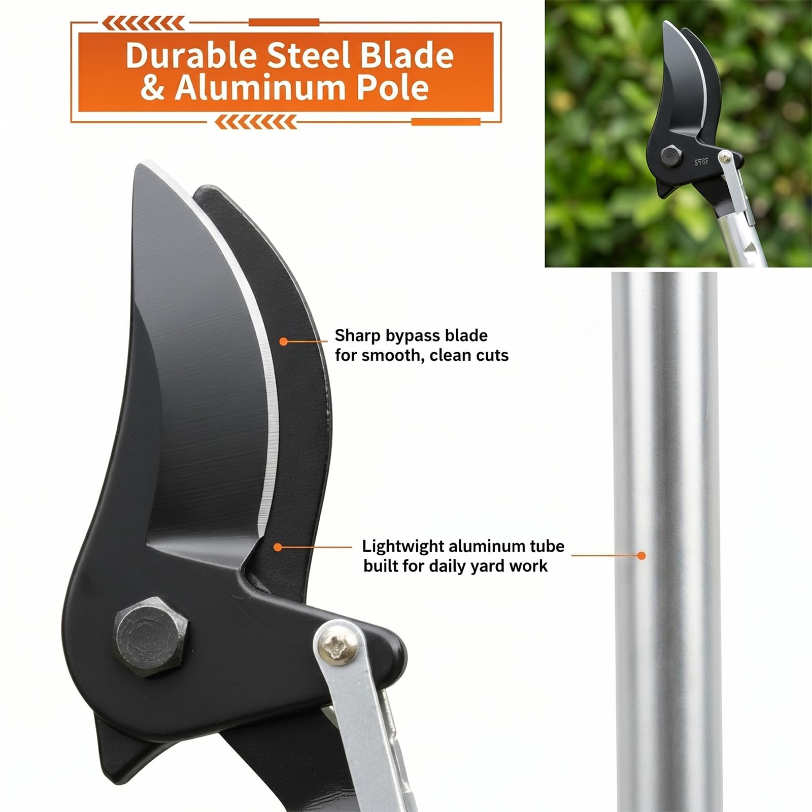 ZXFUTURE pruner beside a hand for scale showing compact 3.25-foot reach and storage convenience