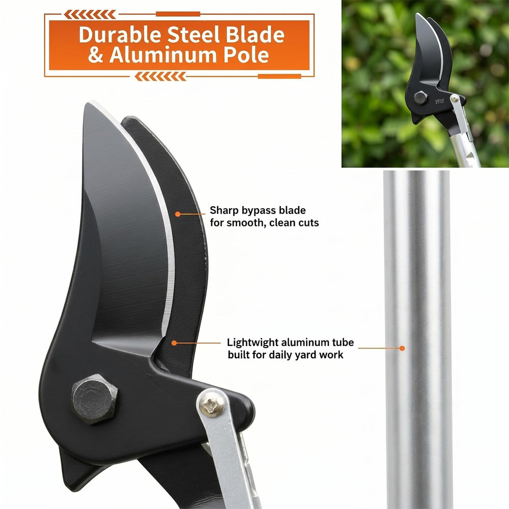 ZXFUTURE pruner beside a hand for scale showing compact 3.25-foot reach and storage convenience