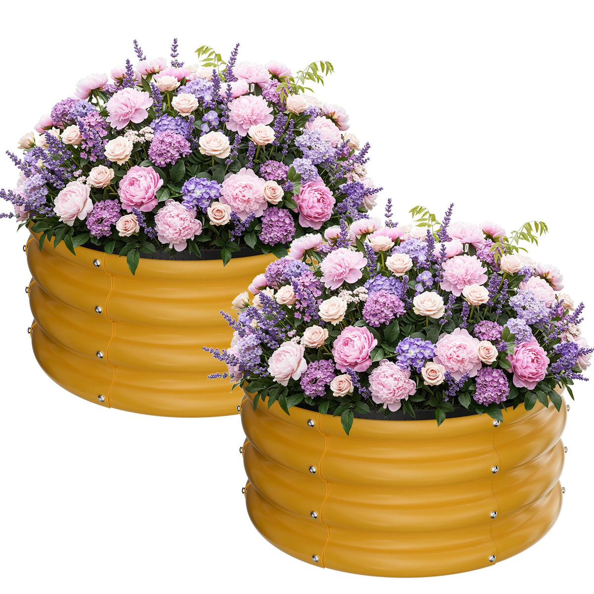 ZXZYHFTY front view of both yellow round raised beds showing curb appeal