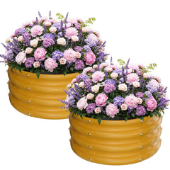 ZXZYHFTY front view of both yellow round raised beds showing curb appeal