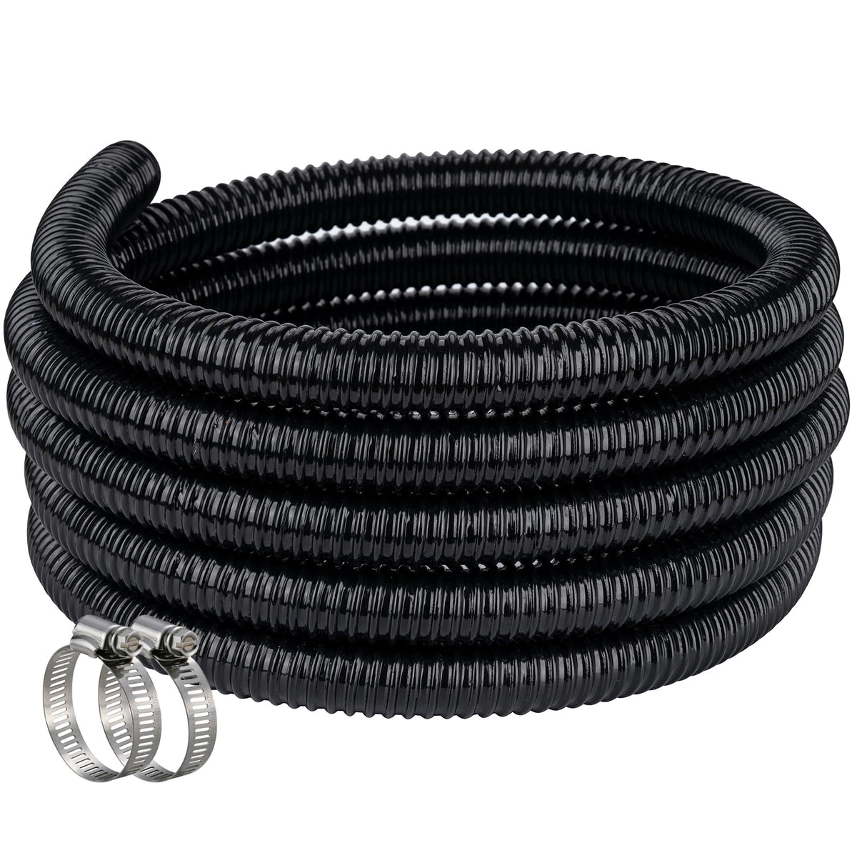 ZY-hosetube front view of 25ft corrugated pond hose showing length and packaging benefit