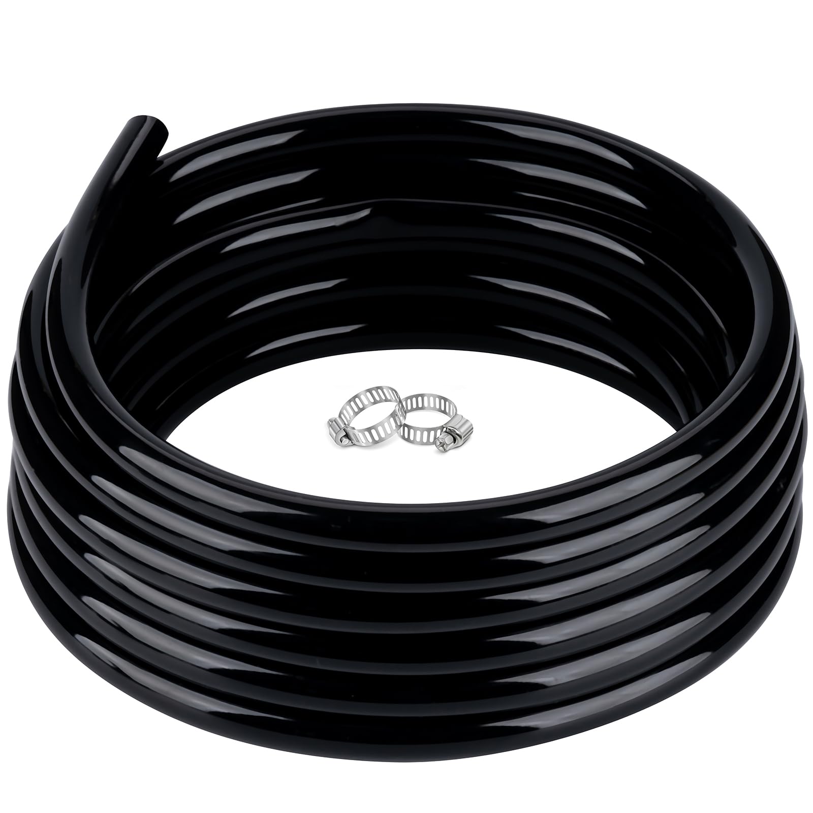 ZY-hosetube front view of coiled 25 ft black vinyl tubing showing product and included clamps benefit durable use