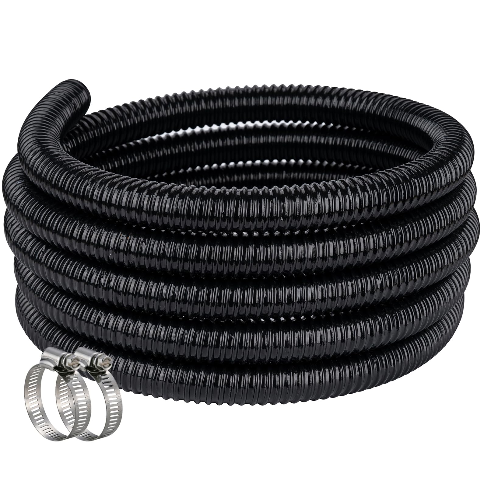 ZY-hosetube front view showing 10ft black pond hose and included clamps for easy installation