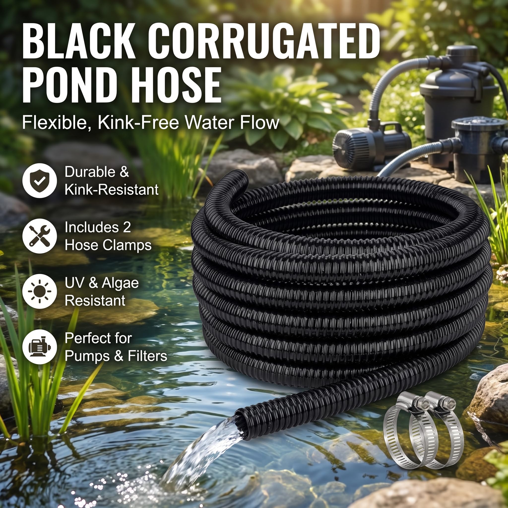 ZY-hosetube installed in pond showing discreet black hose blending with water feature