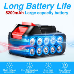 ZYAOSTON two 5200mAh batteries with fast charger demonstrating long runtime and quick recharge