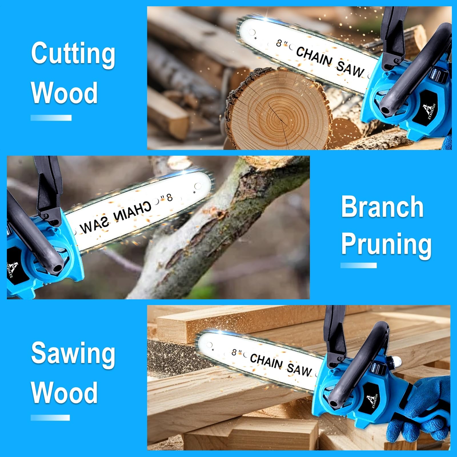 ZYAOSTON in a garden trimming branches showing cordless convenience and tidy yard results
