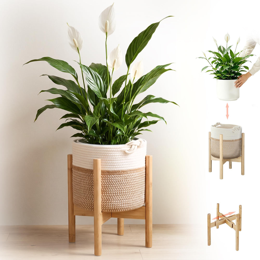 ZYWEICH front view of rattan plant stand showing clean boho look and storage benefit
